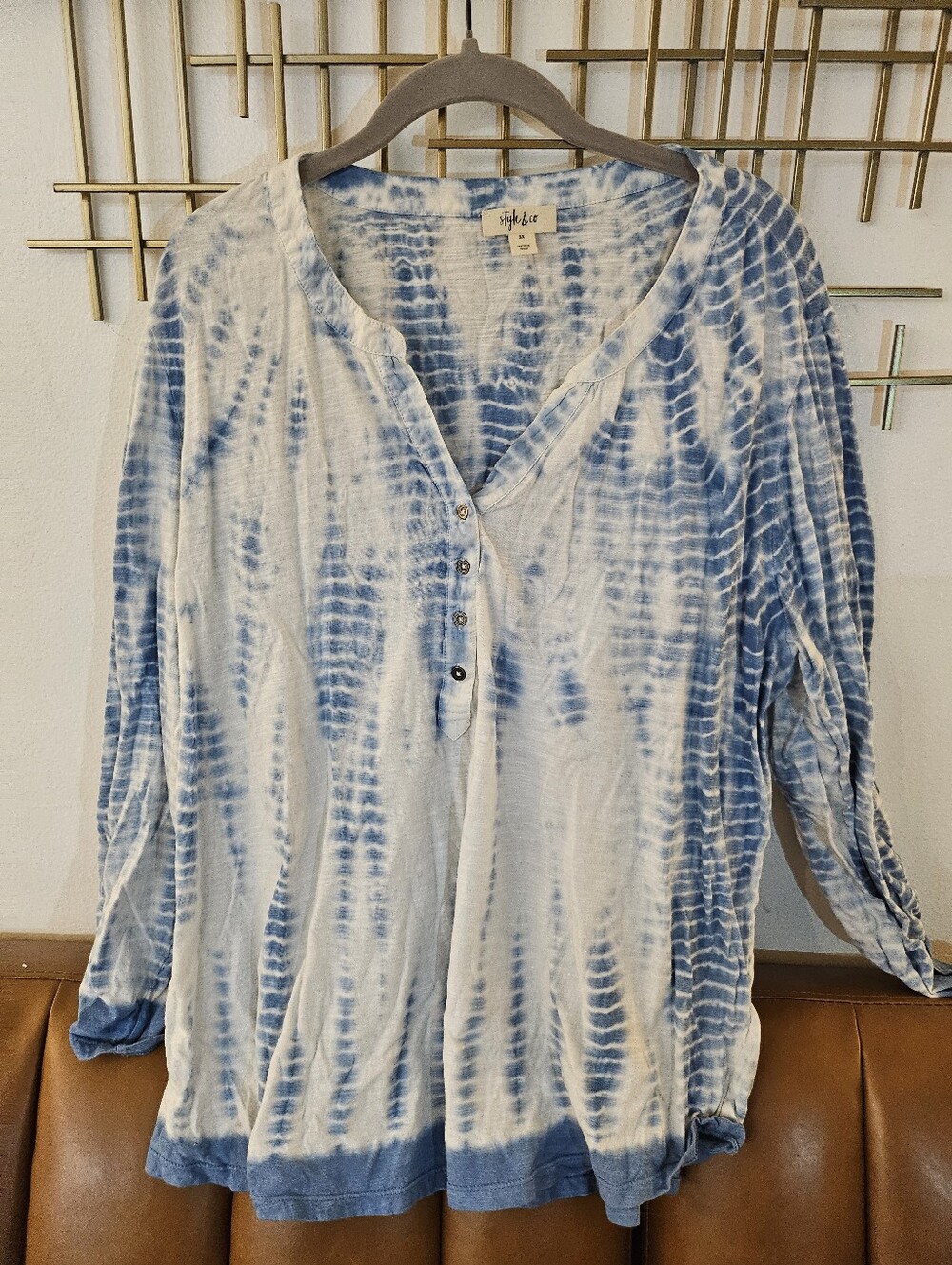 3X Style & Co. Tie-Dye Henley Long Sleeve Top